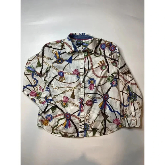 Talbots Women’s MP baroque chain print Button Up White Cotton Shirt Blouse - Picture 1 of 8